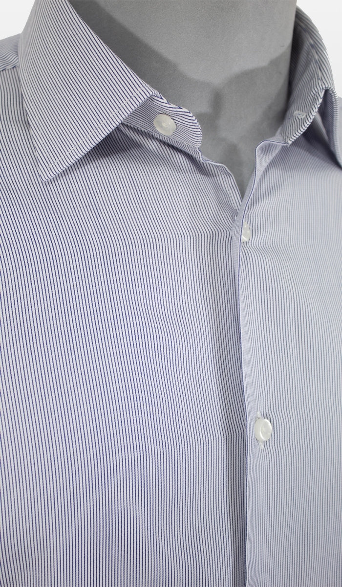 Camisa Social Slim Listrada Punho Duplo Maquinetada