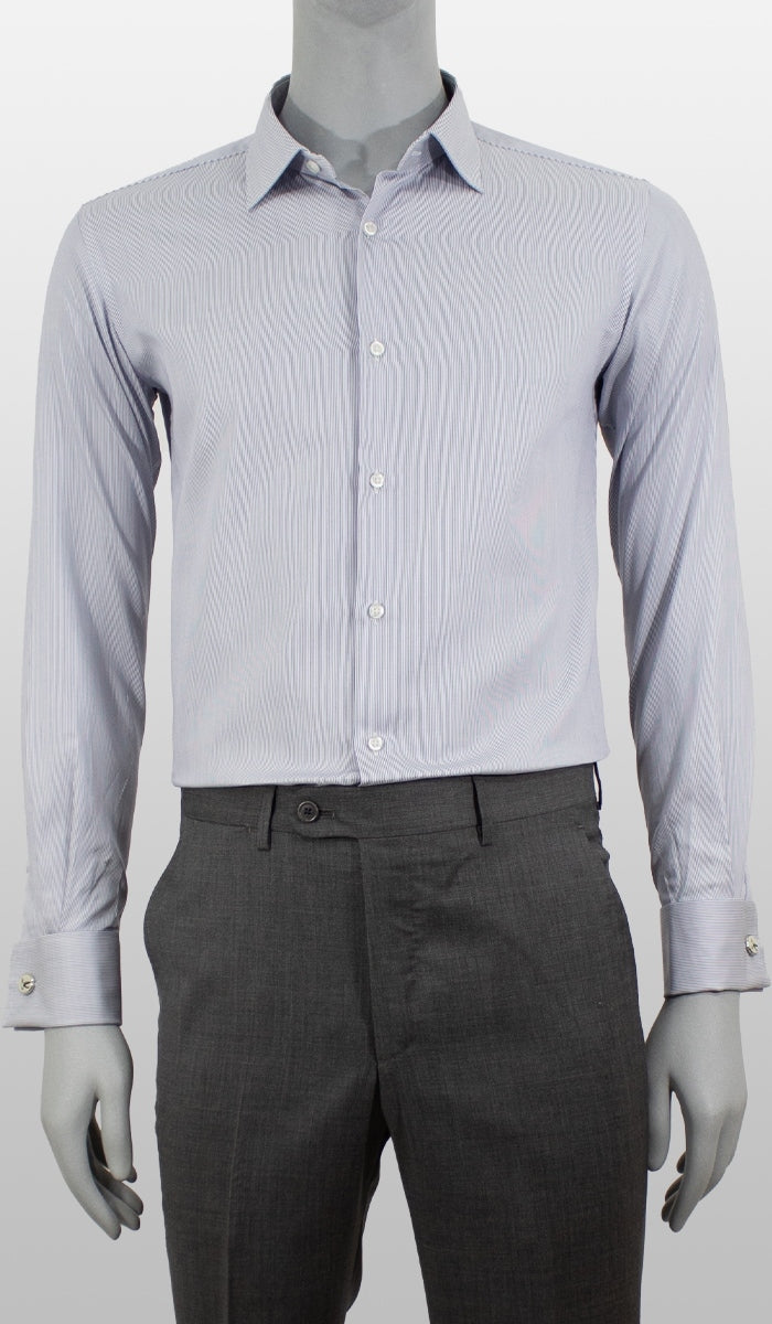Camisa Social Slim Listrada Punho Duplo Maquinetada